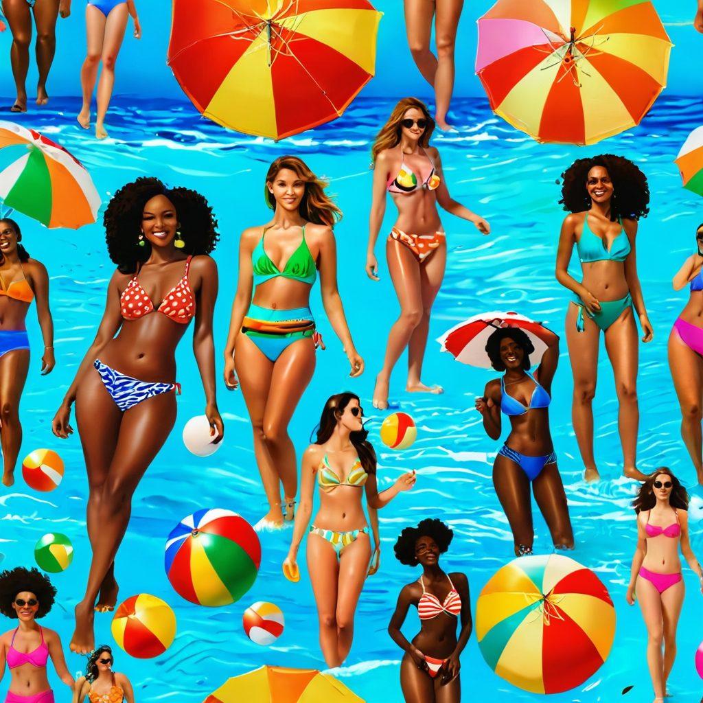 A vibrant beach scene with a diverse group of people trying on colorful bathing suits, displaying varying styles and patterns. Include sun-kissed skin, beach umbrellas, and playful beach balls to evoke summer vibes. Create a joyful atmosphere with bright sunlight and sparkling ocean waves in the background. super-realistic. vibrant colors. tropical setting.