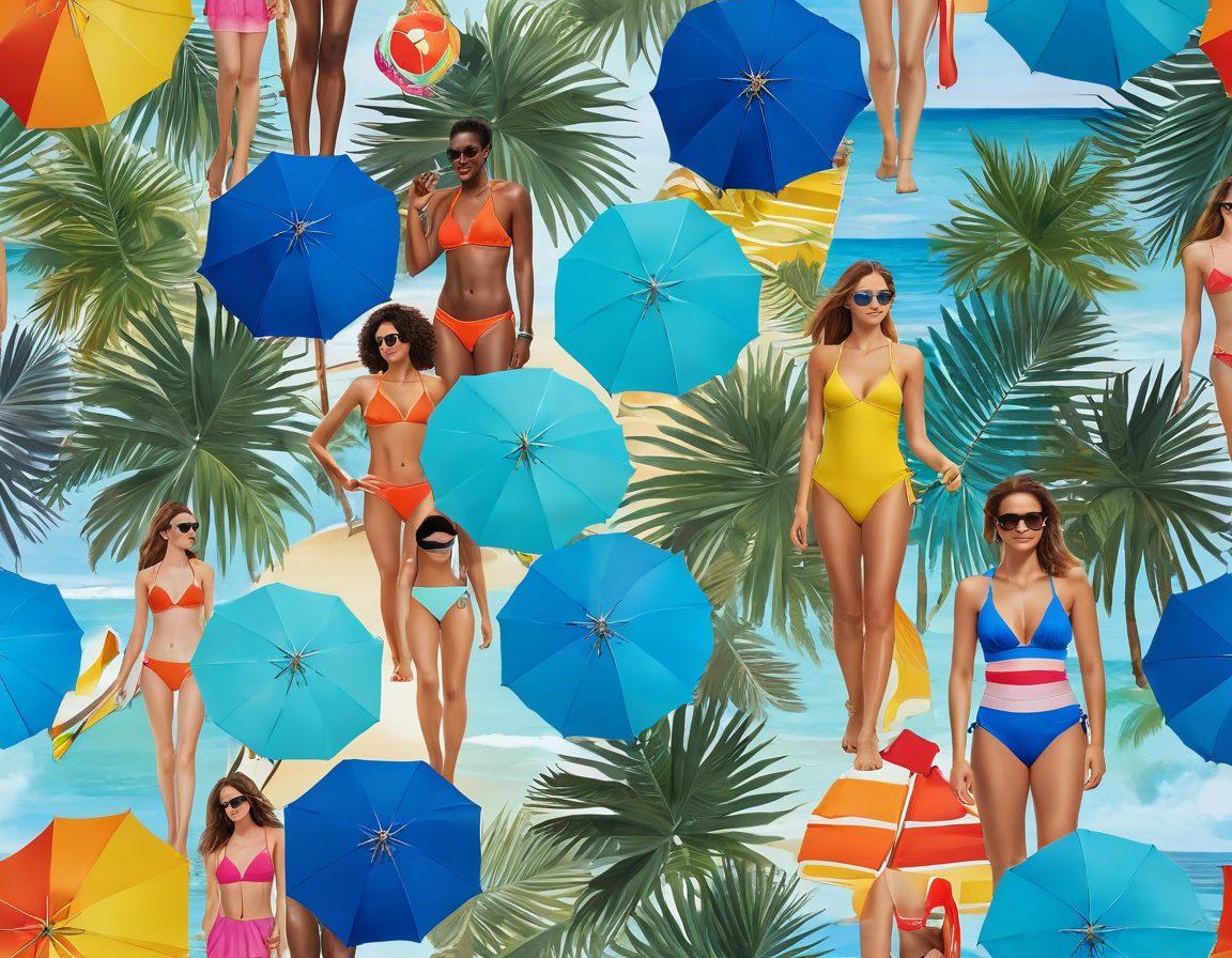 A vibrant beach scene with swimwear in a spectrum from calming blues to bright, cheerful hues, showcasing diverse people trying on different styles. Feature a sunny backdrop with palm trees, colorful beach umbrellas, and a playful, inviting atmosphere. Include accessories like sunglasses and beach towels for added context. A subtle gradient effect transitioning from blue to bright colors in the sky. super-realistic. vibrant colors. 3D.